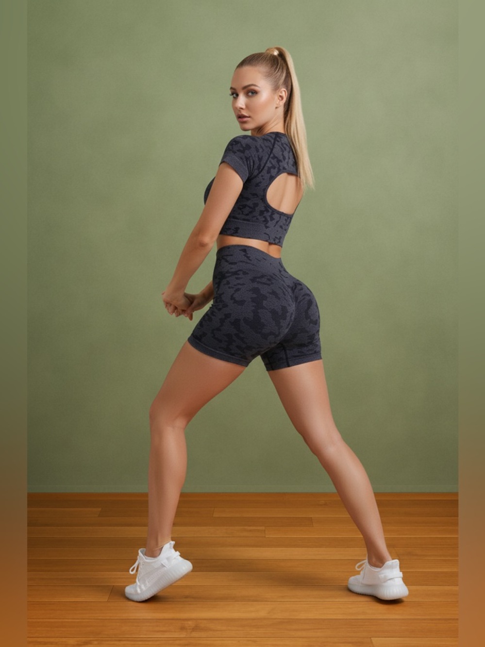 Camo Print Seamless Crop Top High Waisted Short Activewear Set - Picture 4 of 6